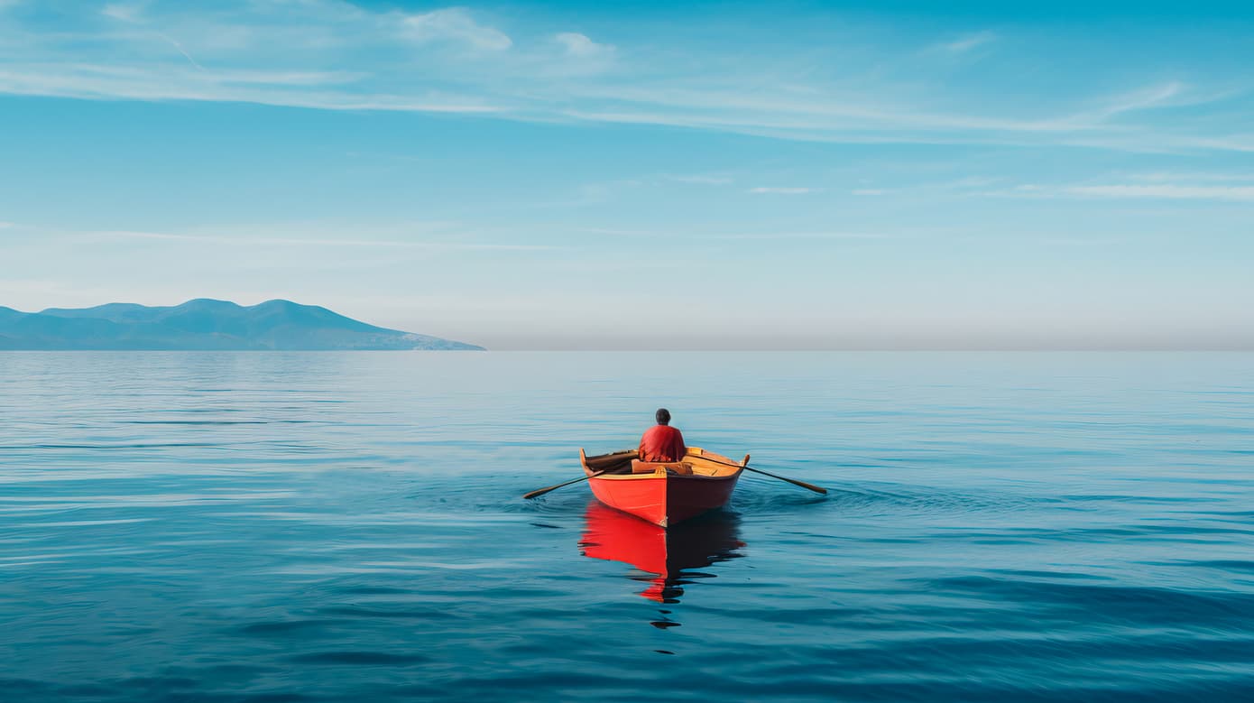Red rowboat on calm sea with mountains navigating property purchase in Mauritius